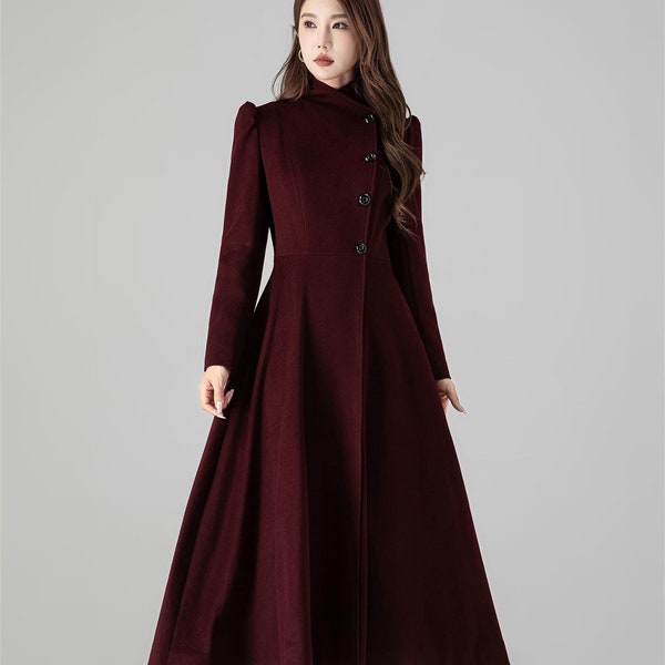 Vintage Inspired Wool Coat, Burgundy Long Wool Coat, Swing Princess Coat, Single Breasted Coat for Women, Custom Winter Coat, Xiaolizi 4511