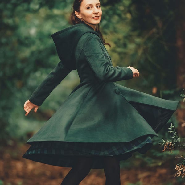 Women's Winter Single breasted wool blend Coat, red swing hooded princess coat, warm winter outwear, Hooded wool coat, Christmas coat 1117#