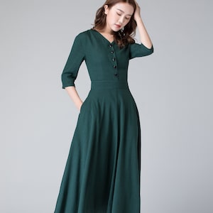 Shirtwaist dress, Button up Linen dress, short sleeve Linen midi dress with pocket, Green dress, summer linen dress, women linen dress 1906#