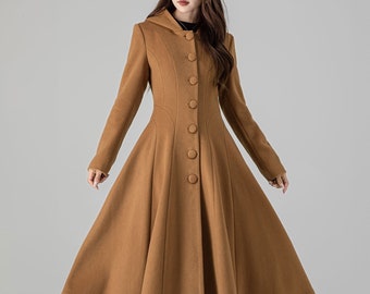 May include: A long brown hooded coat with a flared skirt and button closure.