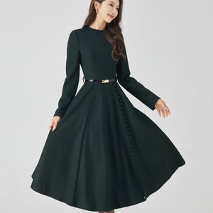 Dark Green Long Wool Dress, Wool midi dress, Winter Wool Dress, Womens wool Dress, Handmade Dress, Long Sleeve Dress, Custom Dress 4522