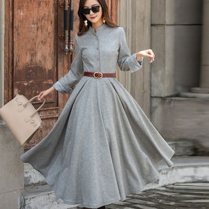 Long Sleeve Wool Dress, Wool shirt dress, Button-up Wool dress, Long Wool Dress, Women's Gray wool dress, Warm winter Dress, Xiaolizi 3857