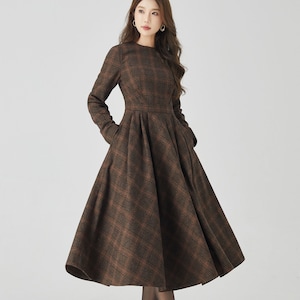 Wool midi dress, Plaid Wool dress, Swing wool Dress, Long Sleeve Wool Dress, Fit and Flare Dress, Winter Dress, Custom Dress, Xiaolizi 4523