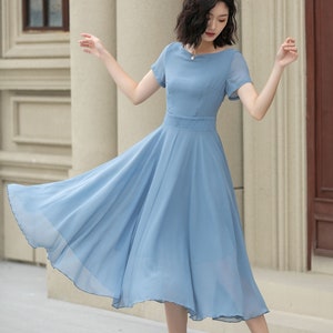 Midi chiffon dress, Blue Boho Swing Chiffon dress, Bridesmaid Dress, Wedding guest dress, Beach dress, Summer Women dress, Xiaolizi 5115