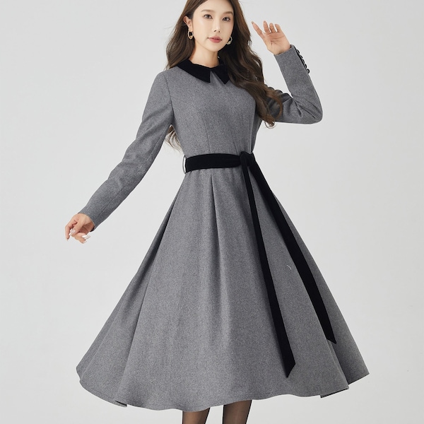 Gray Swing Wool  Dress, Patchwork dress, Womens Wool Dress, Winter Dress, Fit and Flare Dress, High Waisted Dress, Custom Dress 4524#