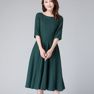 Modest Midi dress, Half Sleeve Linen Swing dress, Womens dress, fit and flare dress, House dress with pockets, Party dress 1903 image 5