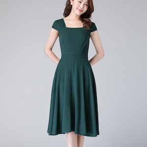 Vintage 1950s Green linen Dress, Wedding guest dress, fitted midi dress, 50s bridesmaid fit and flare dress, Bohemian swing dress 1904 image 2