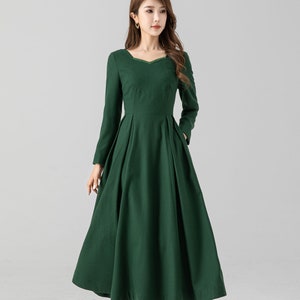 Green fit and flare midi wool dress women 4670 Green fit and flare midi wool dress women 4670