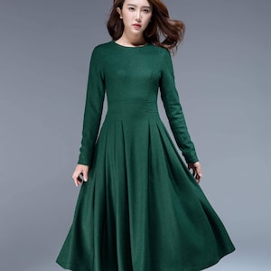 Green Dress, Wool Dress, Midi Dress, Pleated Dress, Fit and Flare Dress ...