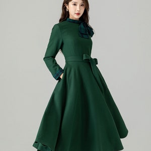 Vintage Inspired Green Swing Wool Dress, Fit and Flare Wool Dress, Midi Dress, Patchwork Dress, Autumn Winter Wool Dress, Custom Dress 4489