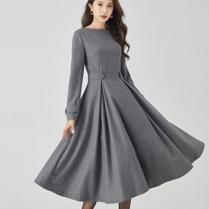 Gray Wool Dress, Midi wool dress, Swing Long wool Dress for Women, Fit and Flare Dress, Winter Dress women, Custom Dress, Xiaolizi 4525