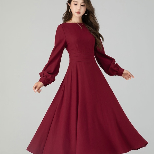 Wool Dress, Midi Wool Dress, Swing Wool Dress, Burgundy Wool Dress, Autumn Winter Wool Dress, Womens Dress, Custom Dress, Xiaolizi 4550