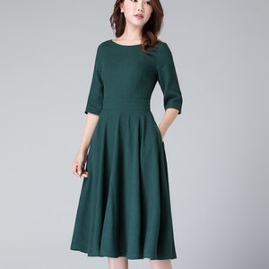 Modest Midi dress, Half Sleeve Linen Swing dress, Womens dress, fit and flare dress, House dress with pockets, Party dress 1903 image 2