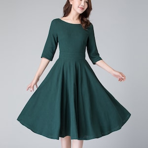 Modest Midi dress, Half Sleeve Linen Swing dress, Womens dress, fit and flare dress, House dress with pockets, Party dress 1903#