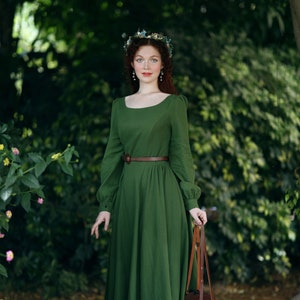 Long sleeve Cottagecore dress, Women Vintage inspired Green Linen dress, A-Line Linen maxi dress, Modest Linen dress, Spring dress 2721#