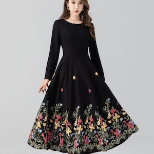 Midi wool dress, Black embroidered dress, Long sleeve wool dress, Fit and flare dress, Swing winter dress, Custom dress, Xiaolizi 4663 image 1
