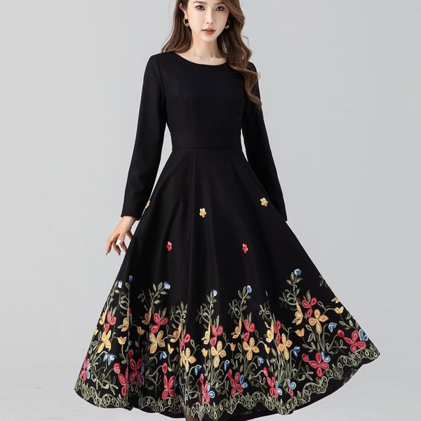Midikleid aus Wolle, Schwarzes besticktes Kleid, Langarmkleid, Wollkleid, Swing-Winterkleid, Kleid nach Maß, Xiaolizi 4663#