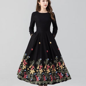 Midi wool dress, Black embroidered dress, Long sleeve wool dress, Fit and flare dress, Swing winter dress, Custom dress, Xiaolizi 4663 image 2