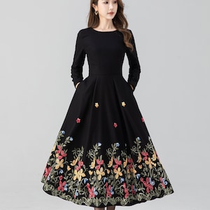 Black/Wheat Long-Sleeve Embroidered Dress