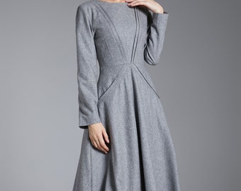 Wool Dress, Gray Wool Midi Dress, A-Line Wool Dress, Long Sleeve Dress, Women's Wool Dress With Pockets, Winter Dress, Custom Dress 3882