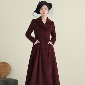 Wool Coat, Wine Red Wool Coat, Women Long Wool Coat, Wool Swing Coat, Winter Wedding Wool Coat, Double Breasted Wool Coat, Xiaolizi 3893#