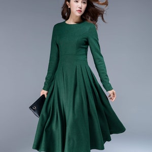 Green Dress, Wool Dress, Midi Dress, Pleated Dress, Fit and Flare Dress ...