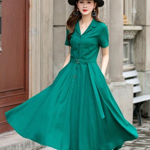 Green Linen Shirtdress, Swing Shirt Dress, 1950s Midi Dress Women, Fit ...