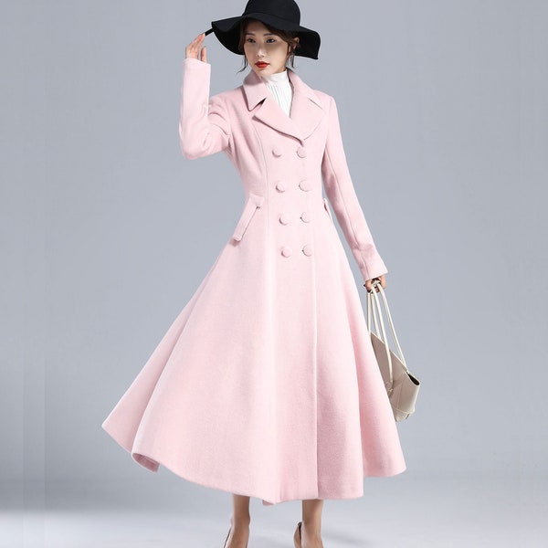 Retro Pink Wool Coat Women, Winter Coat, Fit and Flare Coat, Double Breasted Wool Swing Coat, Long Wool Coat, Princess Dress Coat 3240