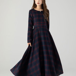 Tartan wool maxi dress, Plaid Wool dress, Swing wool Dress, Long Sleeve Wool Dress, Fit and Flare Dress, Custom Dress, Xiaolizi 4610