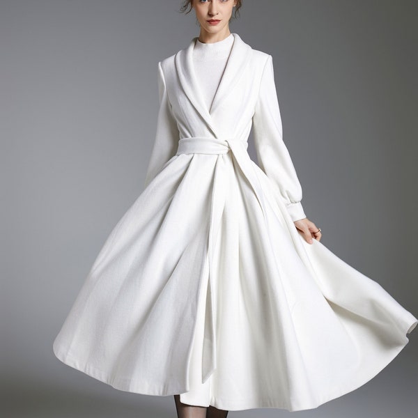 White Wool Coat, Winter Wedding Dress coat, Wedding Wool Coat, Wool Bridal Coat, Wool Wrap Princess Coat, Belted Wool Coat Women 3880#