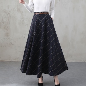 Vintage Inspired Long Wool Plaid Skirt, Blue A Line Maxi Skirt with Pockets, 1950s Long Wool Skirt, Warm Winter Skirts for Women 4001#