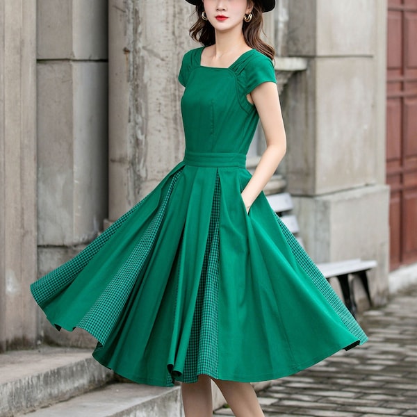 Vintage 1950s Green linen Dress, Linen Midi Dress, Plaid Patchwork Linen Dress, Fit and Flare Dress, Custom dress, Xiaolizi 4422
