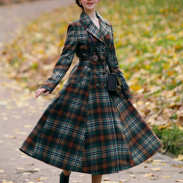 Wool Coat, Long Wool Coat, Plaid Wool Coat Women, A line Wool Coat, Fit and Flare Coat, Swing Coat, Princess Winter Coat, Xiaolizi 4730#