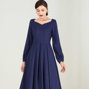 Long wool Maxi dress, Long sleeve wool dress, Blue wool dress, Wool dress, Woman dress, fit and flare dress, Autumn winter dress 2430# image 2