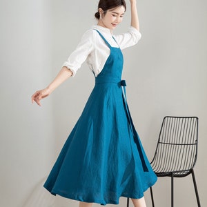 Woman Blue Linen Midi Pinafore Dress, Linen Apron Dress, Womens Linen Dress, Sleeveless Swing dress, Pleated Linen Dress, Custom dress 4202