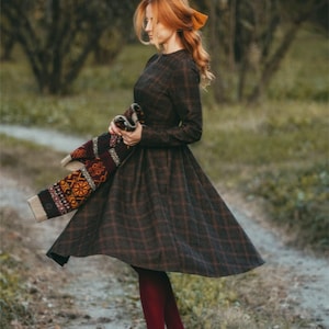 Wool long dress, Plaid Wool dress, Swing wool Dress, Long Sleeve Wool Dress, Fit and Flare Dress, Winter Dress, Custom Dress, Xiaolizi 4731