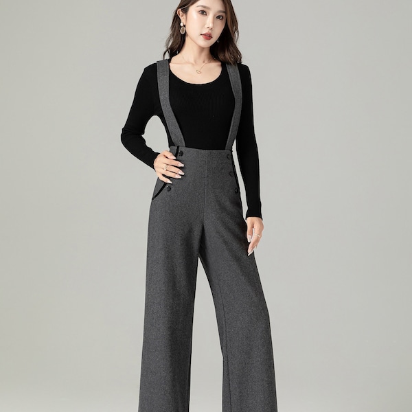 Gray Suspender Wool Pants Women, Autumn Winter Straight-leg Pants, High waist pants, Long Suspender Pants, Custom made Pants, Xiaolizi 4499#