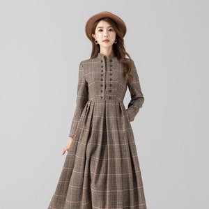 Plaid wool dress, Long wool dress, Maxi swing wool dress, Autumn winter wool dress, Womens pleated wool dress, Custom dress, Xiaolizi 4669