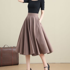 Khaki Swing Linen Skirt, A Line Full Skirt, High Waist Flared Skirt for Women, Flowy Circle Skirt with Pockets, Retro Knee Length Skirt 3281