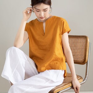 Yellow Linen Shirt, Womens Linen Top, Short Sleeve Casual Linen Blouse, Organic Linen Top, Plus Size Linen, Custom Shirt, Xaolizi 4207 image 1