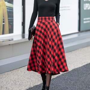Wool Skirt, Red Plaid Wool Skirt, Midi Wool Skirt, A-Line Wool Skirt, Winter Plaid Wool Skirt, Women&#39;s Wool Skirt, Handmade Wool Skirt 4162