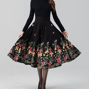 Midi Wool Skirt, Black Embroidered Skirt, Swing Wool Skirt, High ...