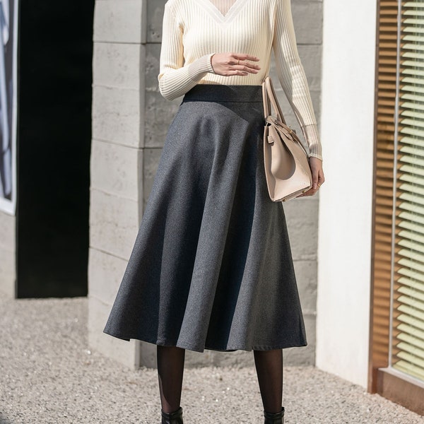 Gray Midi Wool Skirt, Winter Swing Skirt Women, Long Wool Skirt, A Line Skirt, High Waisted Skirt, Custom Wool Skirt Women, Xiaolizi 4130#