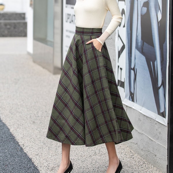 Women's Wool Skirt, Long Plaid Skirt, A-Line Wool Skirt, Plus Size Skirt, High Waist Wool Skirt, Handmade Skirt, Custom Skirt, Xiaolizi 4165