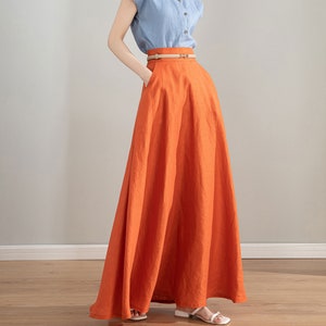 Orange Womens Linen Maxi Skirt, A-Line Swing Skirt with pockets, Summer Linen Skirt, Flowy Long Linen Skirt, Custom Skirt, Xiaolizi 4215