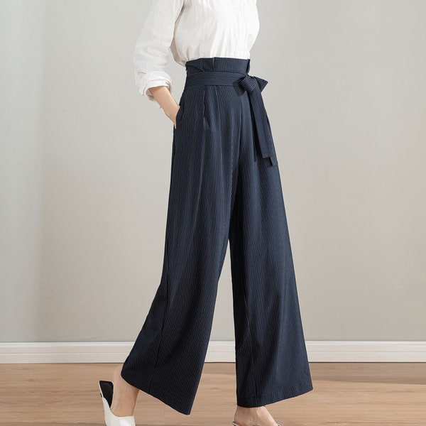 Womens Palazzo Belted Pants, High Waisted Long Trousers, Dark Blue Striped Pants, Women Wide Leg Pants, Custom Pants, Xiaolizi 4203#