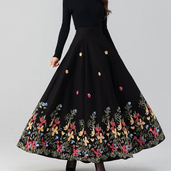 Black Maxi Embroidered Wool Skirt, High Waisted Skirt, A Line Skirt, Winter Wool Skirt, Swing Wool Coat, Custom Skirt, Xiaolizi 4664#