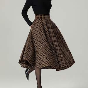 Jupe midi à carreaux en laine, Jupe trapèze en laine, Jupe cercle en laine, Jupe hiver automne femme, Jupe taille haute en laine, Jupe en laine tartan rétro 4498