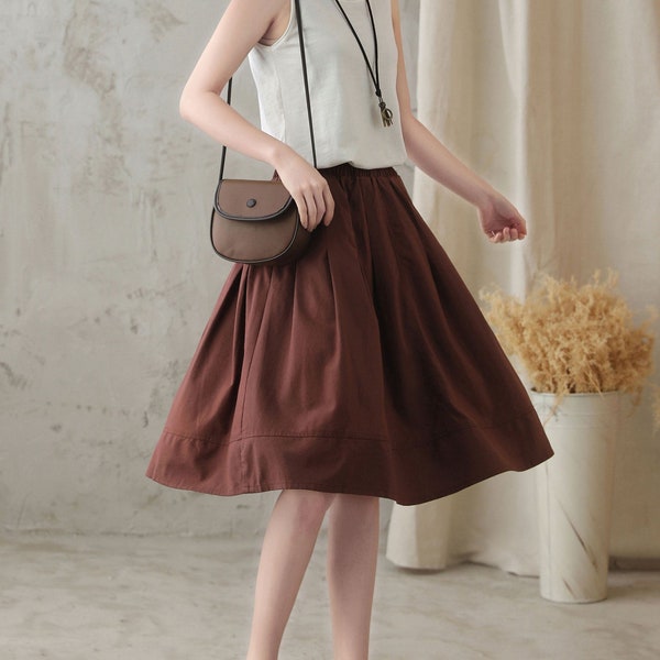 Elastic waist circle Linen Skirt in brown, Linen midi skirt, Pleated skirt, Women Skirt, Spring Summer Skirt, Xiaolizi, Handmade Skirt 2827