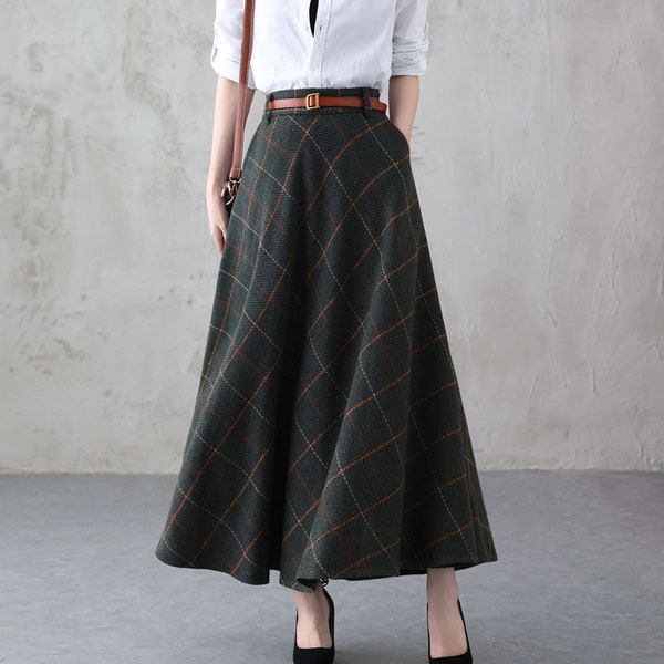 Wool Skirt, Maxi Wool Skirt, Long Green Wool Plaid Skirt, Vintage Inspired Swing Skirt, High Waisted Skirt, Full Fall Winter Skirt 3841#